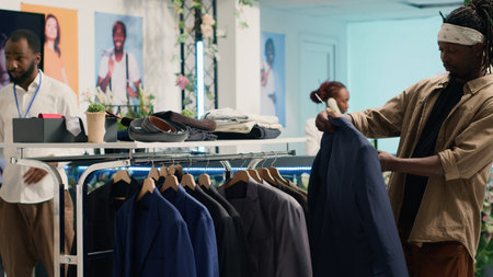 Customers buying clothes in mall clothing store with fast fashion attire following the latest trends. Clients looking at assortment of elegant men shirts in modern clean fashion boutiqueの写真素材