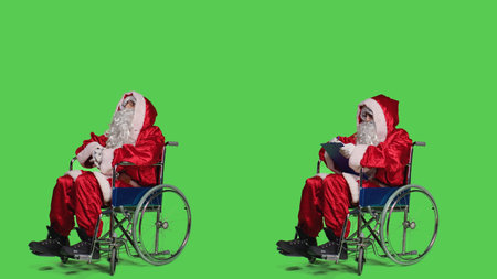 Santa character on greenscreen, looking around and writing something on clipboard papers. Father christmas in wheelchair taking notes and waiting, festive iconic cosplay.の写真素材