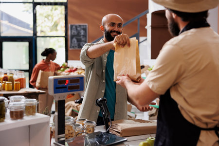 Smiling customer choosing organic products to buy and approaching vendor at counter to pay for bag of homegrown produce. Buyer doing grocery shopping at local zero waste eco store.の写真素材