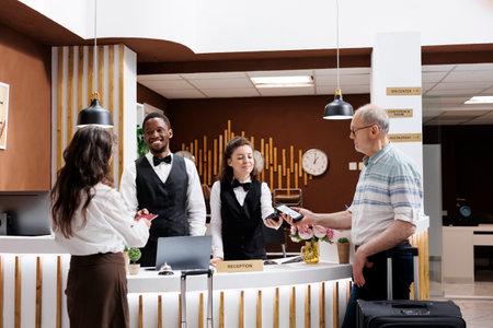 Elderly couple receives assistance from friendly employees at hotel reception counter. Old man using mobile phone to pay for check-in while senior woman gives passport for verification of reservation.の写真素材