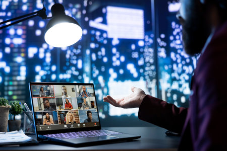 Director and employees attend videocall connection for briefing session, sharing suggestions and looking for ways to increase profit. Associates discussing with CEO despite different time zones.の写真素材