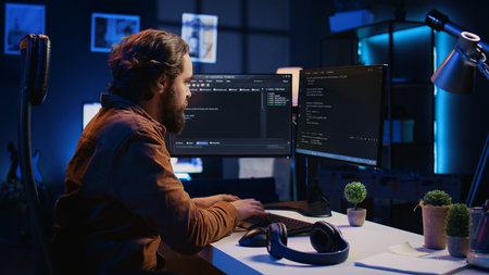 Software technician feeling relieved after removing all code bugs, having burst of emotion. Smiling...