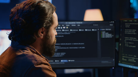 Computer engineer deliberating ways of fixing errors while developing code on PC. IT professional brainstorming ways of solving database errors, remotely working from home, camera Aの写真素材