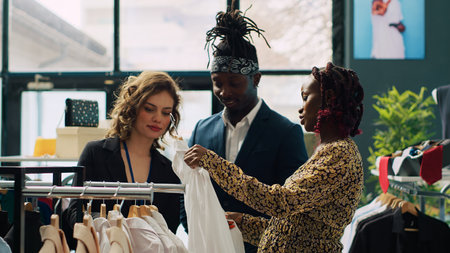 Employees team assisting pregnant woman to find trendy clothes, showing multiple models and colors on hangers. Retail assistants making suggestions for african american customer at store. Camera A.の写真素材