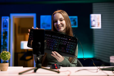 Smiling girl typing on mechanical keyboard while doing review in personal studio to see if price is...