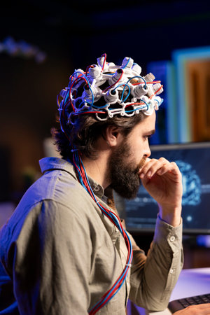 IT admin coding and using EEG headset to upload brain into computer. Neuroscientist engineering transhumanism experiment, inserting consciousness into cyberspaceの写真素材
