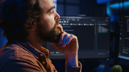 Software engineer puzzled in front of computer screen while writing complex code. Admin feeling...