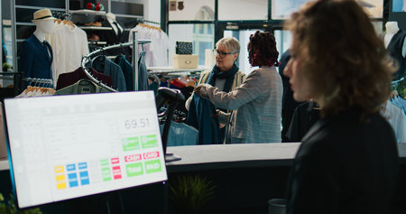 Pregnant retail employee assisting regular customer during shopping session, recommending dimensions...