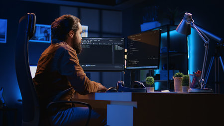 Developer having positive mood after finishing task, feeling euphoric. Ecstatic IT specialist celebrating after solving script errors, throwing fist in air from excitement.の写真素材