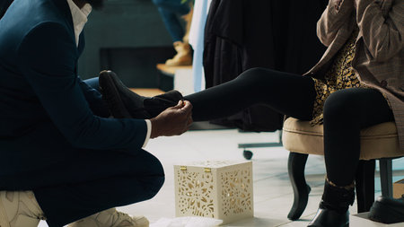 Pregnant client trying on a pair of comfortable winter boots, receiving assistance from friendly store employee. African american woman shopping for footwear at stylish fashion boutique. Camera A.の写真素材