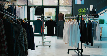 Shopping mall prepared with stock of new fashion collection line, multiple racks with fashionable...