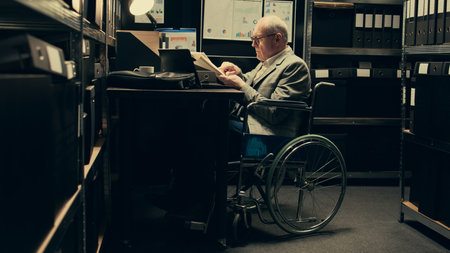 Senior inspector gathering all case files in a folder to study for new clues, uses forensic...