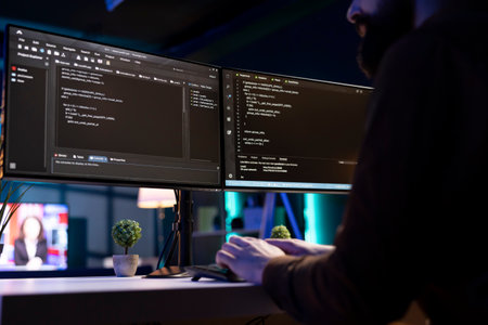 IT professional working from home developing software in Java programming language using PC, close up. Developer in apartment writing lines of code on computer using keyboardの写真素材