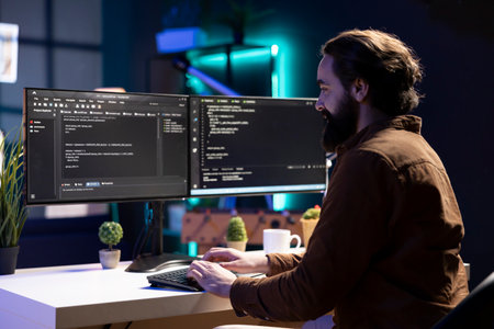 Smiling IT professional working from home developing software in Java programming language using desktop PC. Happy developer in apartment writing lines of binary code on computer using keyboardの写真素材