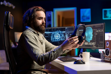 IT specialist putting headphones on to be able to listen to artificial intelligence speaking on computer. Programmer using audio device to communicate with awaken AI on PC asking existential questionsの写真素材