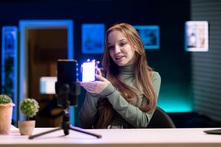 Smiling internet show host using smartphone camera on phone holder to film content about best video...