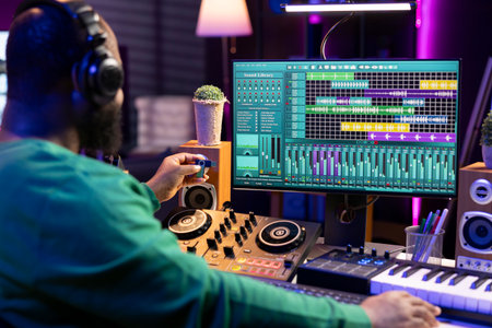 Music producer inserting an usb stick to copy and edit audio recordings in home studio, working in...