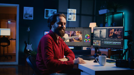 Portrait of happy working on film montage in creative office, editing color grading and lighting. Smiling post production studio worker manipulating raw footage, doing adjustmentsの写真素材