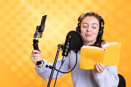 Influencer filming herself reading book with selfie stick, creating audiobook, isolated over studio background. Woman doing vlog with self portrait camera while recording audio novelの写真素材