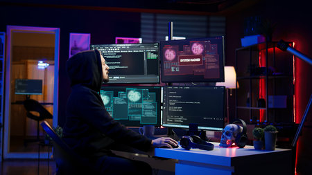 Frustrated hacker in secret hideout dejected after failing to attack victims using malware. Annoyed scammer feeling upset after being unable to hack computer systems, camera Bの写真素材