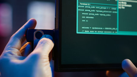 Extreme close up shot of hacker uploading USB flash drive into PC. Scammer using storage device containing data obtained from victims after tricking them into installing ransomware program, camera Aの写真素材