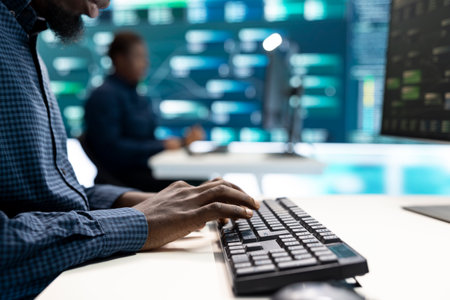 Governmental hackers at work monitoring cyber threats in high tech agency, implementing...