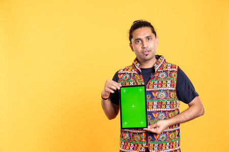 Portrait of influencer presenting green screen tablet for tech enthusiasts, studio background. Technology specialist showcasing chroma key device used for advertising brandsの写真素材