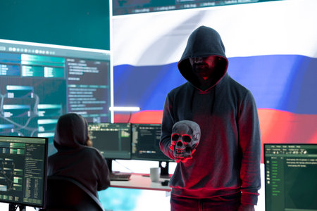 Conceptual image of a hooded hacker creating hazardous alerts, holds a skull and warning of death...