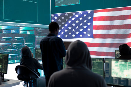 A technical team in a governmental cyber environment with the USA flag. Focus on cybersecurity...