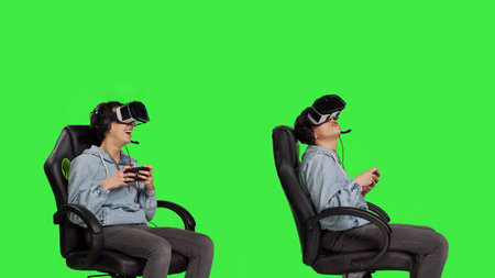 Female player uses virtual reality headset to play with friends online on internet connection, has...