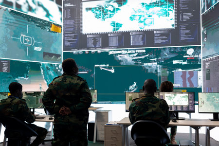 Woman recruit overseeing information gathering activity in command post, military headquarters...