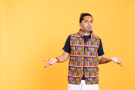 Man shrugging shoulders, unable to provide answer, having detached apathy facial expression. Apathetic person doing hand gesturing showing lack of knowledge, studio backgroundの写真素材