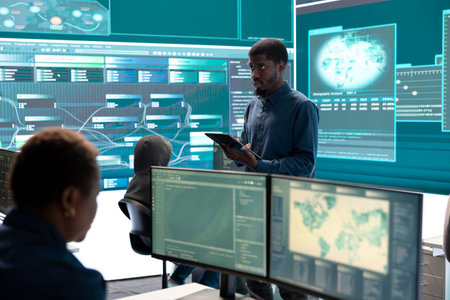 Governmental agency cyber defense team analyzing cyber attacks. IT security professionals working to...