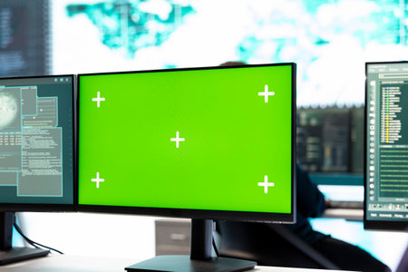 Professional team of governmental experts conducting cyber surveillance, looks at isolated copy space screen. Expert examines cybersecurity measures and online security in high tech agency.の写真素材