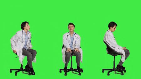 Physician in white coat waiting for patients at consultations, feeling impatient sitting on a chair against greenscreen backdrop. Medic practitioner with stethoscope waits for people. Camera A.の写真素材