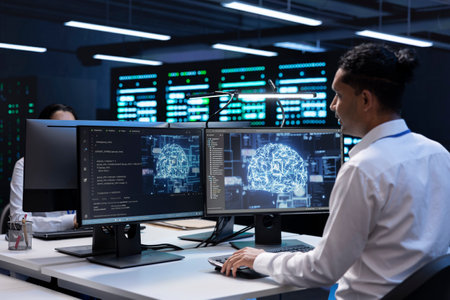 Engineer does maintenance on server hub to optimize it for data processing requirements of artificial intelligence workloads. Specialist inspecting neural network data center used for machine learningの写真素材