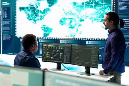 Group of governmental hackers using hacking tools to secure a network, focusing on cyber defense and data protection measures. Experts team examining important information on big screen.の写真素材