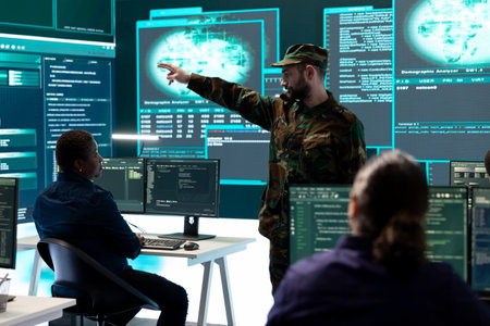 Military hackers in a secret service cyber operations room working on national security. Fighting cyber terrorism during information war and protecting against digital conflicts, high tech.の写真素材