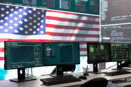 Empty governmental surveillance room shows an American flag, cybersecurity and data protection. High tech operations center focusing on threat and malware detection, security protocols.の写真素材