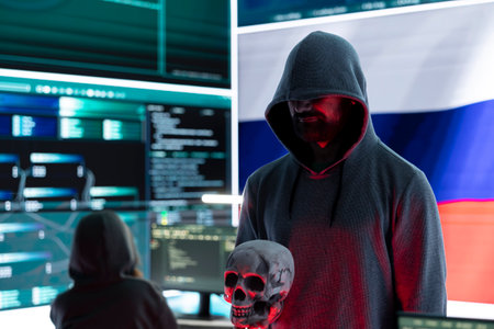 Hackers creating dark web maniac cybercrime in a control room, sinister man holding a skull hinting...