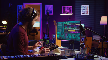 Audio engineer creating sound effects for a new soundtrack, recording tunes on electronic piano and...
