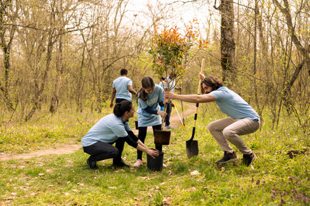 Small girl and activists team do voluntary work by planting trees in the forest, preserving natural habitat. Participating in conservation project and protecting the ecosystem, reforestation.の写真素材