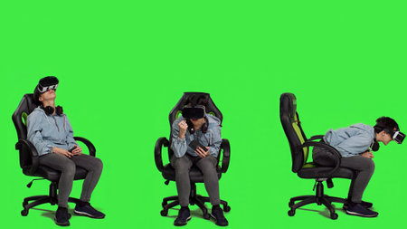 Woman feeling furious and disappointed with losing mobile gaming competition, playing tournament with smartphone and virtual reality headset. Displeased gamer sad after lost game. Camera A.の写真素材