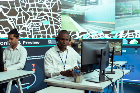 African american man offers updates to clients via order tracking service, monitoring delivery...