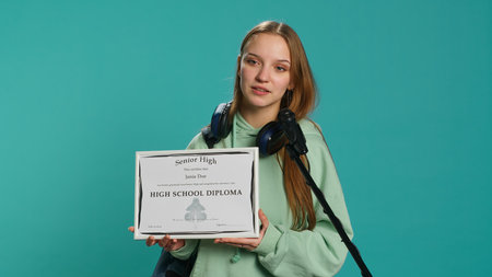 Overjoyed student celebrating achievement, holding diploma, using microphone to do speech, studio...