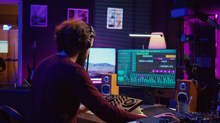 Musician recording electronic piano tunes and having fun in his home studio, editing and mixing recorded tracks to enhance the sound and achieve high quality audio. Producing lively songs. Camera B.の写真素材