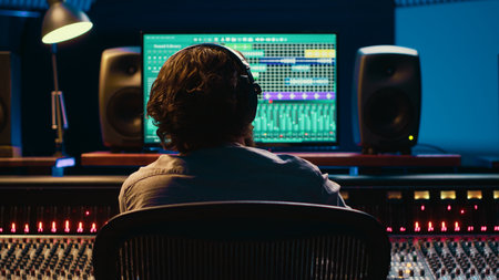 Using audio editing software, sound producer creates tunes and handling technical equipment on a control room dashboard. Technician increases tracks quality.の写真素材