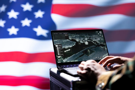 USA CIA agent combating organized crime and terrorism using surveillance system, close up shot. United States Central Intelligence Agency officer protecting national sovereigntyの写真素材