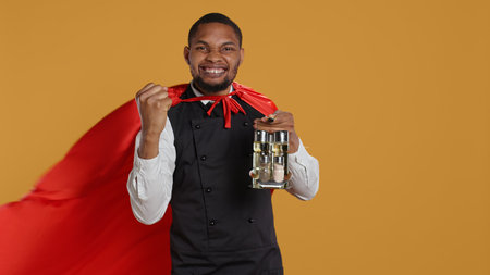 Waiter with a superhero cape acting as a savior against yellow background, carrying cruet set with salt, pepper and other condiments. Restaurant employee posing as a hero. Camera B.の写真素材