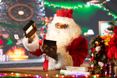 Saint Nicholas checking a gift box with a light shining bright from it, opening all the presents before leaving on the Christmas eve journey. Black Santa verifying the toys as a holiday preparation.の写真素材